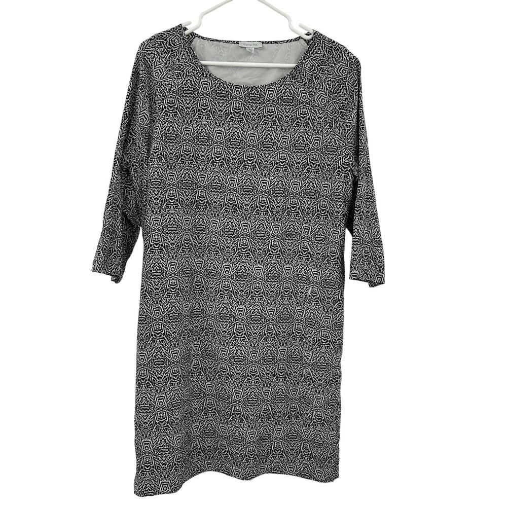 Garnet Hill Silk Dress Black Medallion Print Shift Long Sleeve Lined Size 12